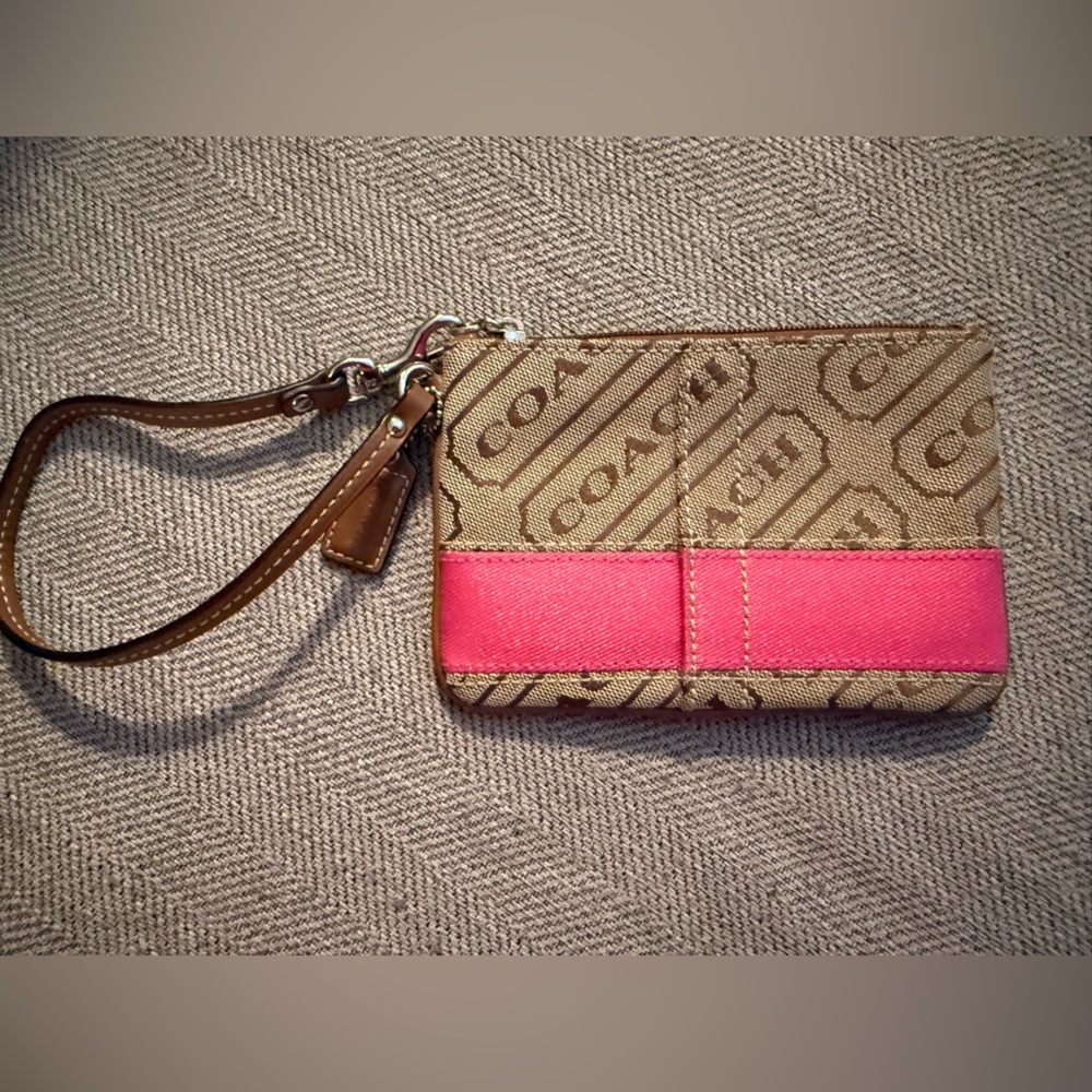 Coach Signature Tan and Pink Wristlet